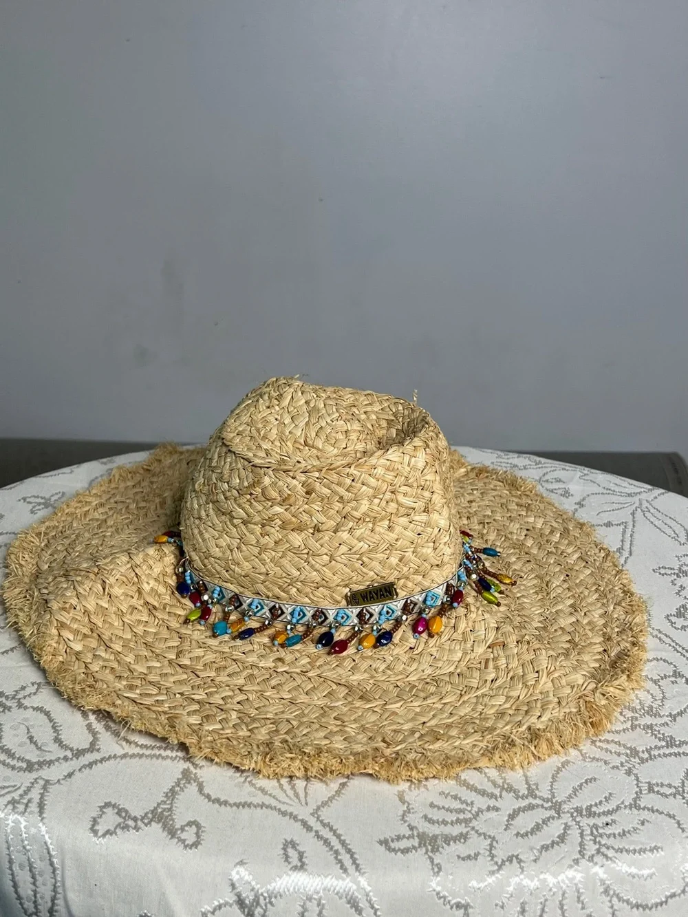 Natural Straw Sun Hat with Multicolor Bead Trim